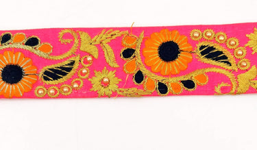 Pink Art Silk Lace Trim, Floral Embroidery in Orange, Black and Gold